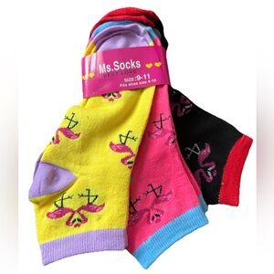 3 Pairs Womens Ankle Socks Multi Color Flamingo Size 9-11 (4-10) Cotton Casual
